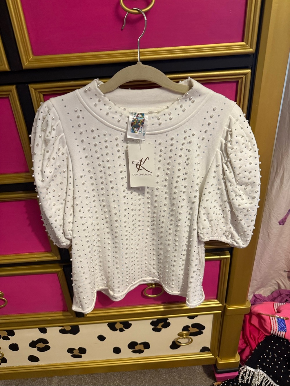Queen of sparkles Couture White pearl Embellished Puff-Sleeve Top